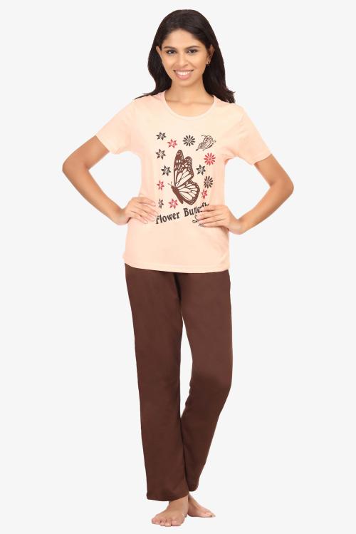 Pickles Women Beige, Brown Cotton Printed Top And Pyjama Set (Pack of 1)