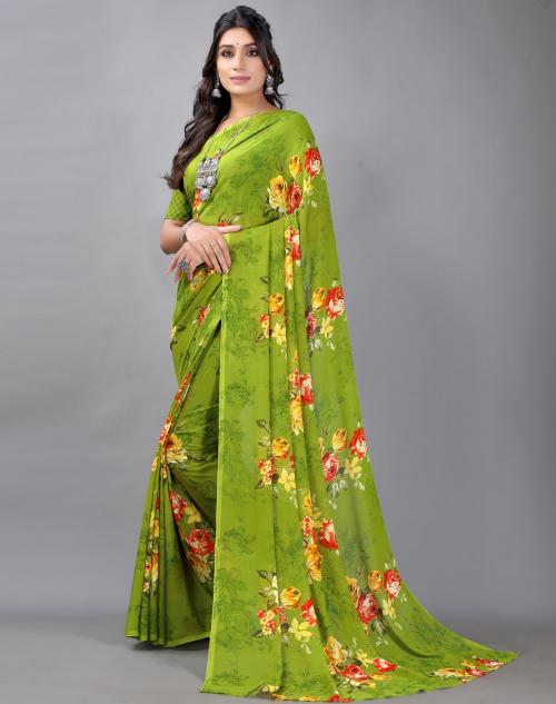 Satrani Women'S Lime Green Floral Printed Saree | sarees for Women| saree | sarees