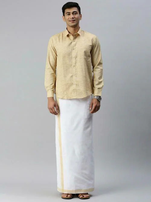 Ramraj Men Beige Solid Spread collar Long sleeves Pure Cotton Shirt & Dhoti Set.