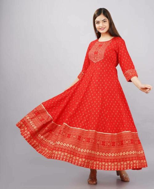 Pristyle Women Floral Print Viscose Rayon Flared Kurta (Red)