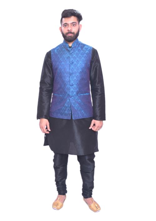 HFP Men's Black Matching Kurta Churidar With Deep Sky Blue Waistcoat