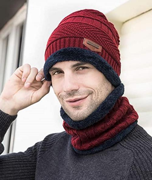 Aksmit Winter Knit Woolen Warm Cap with Neck Scarf Set Beanie Cap/Hat/Winter Cap for Men, Women & Unisex