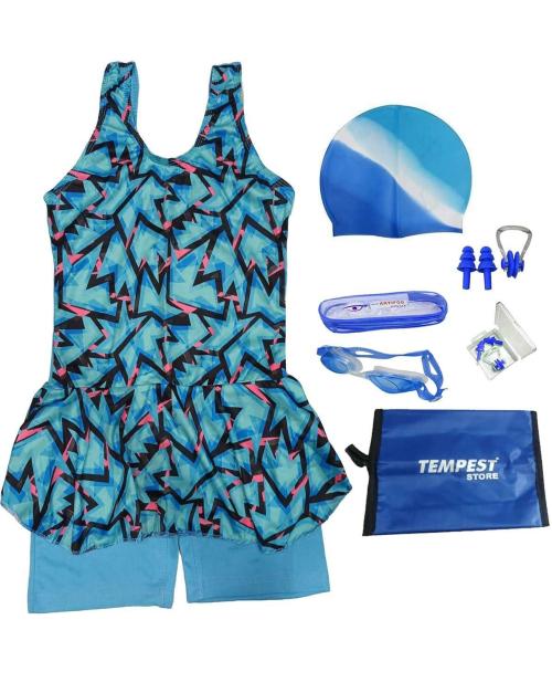 TEMPEST Girls's Swimming Kit with 1 Swimming Costume | Printed Swim Suit | Swimwear | Swimming Dress Goggles Cap Ear Plug Nose Clip with KIT Bag (Multicolor)