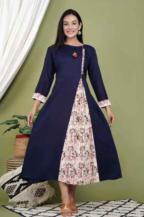 Indiwest Navy Blue A-Line Long Rayon Kurta