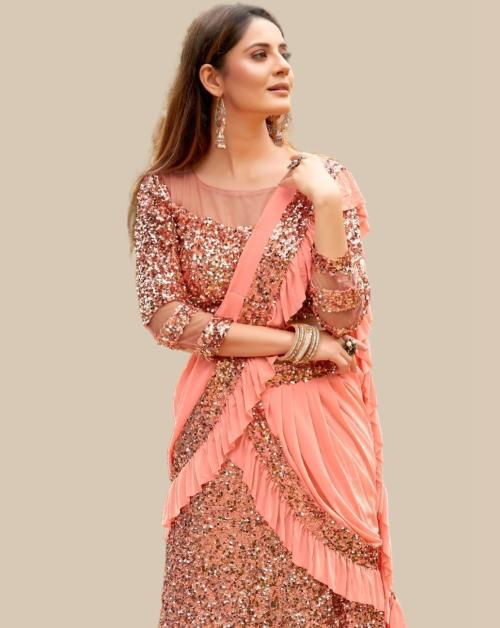 Chhabra 555 Peach Metallic Sequinned Party Wear Lehenga Saree with Ruffled Pre-stitched pallu