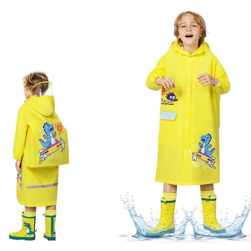 Palay Unisex Yellow EVA Hooded Raincoat with Pockets and School Bag Rain Cover, Dinosaur Printed Kids Rain Coat