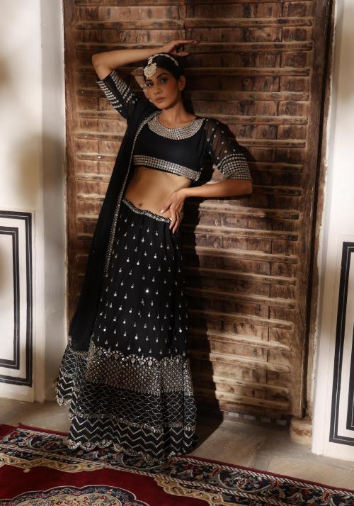 Rujave Women Black Colorblock Silk Blend, Net Semi Stitched Lehenga Choli (Free Size)