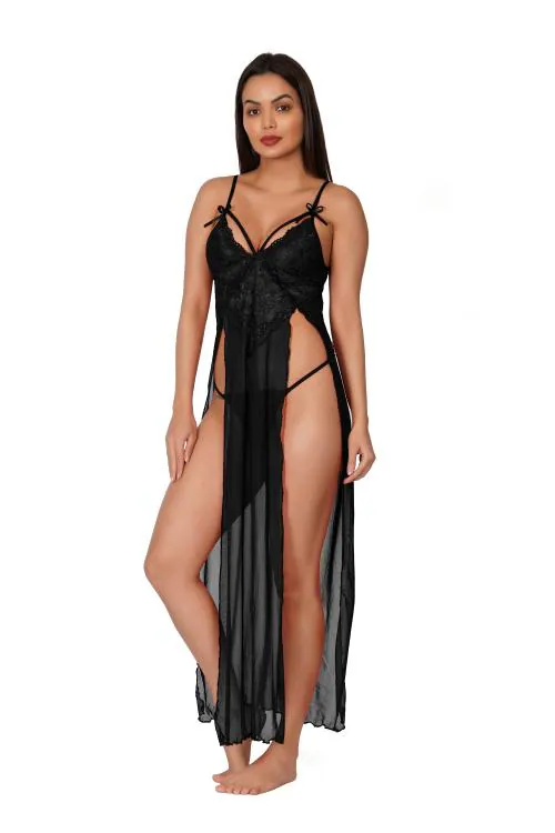 WILDSELF Women Long Double Cut Honeymoon / Babydoll Nighty /Sexy Nighty in Black color
