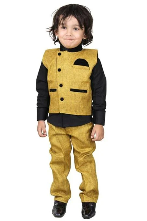 KIDSWEAR KHAZANA Stylish & Exculsive Fashionable Kids Dress For The New Trendy Look For Boys Which Consists Set Of Solid Pattern Jute Waistcoat Cotton Shirt & Jute Pant Combo
