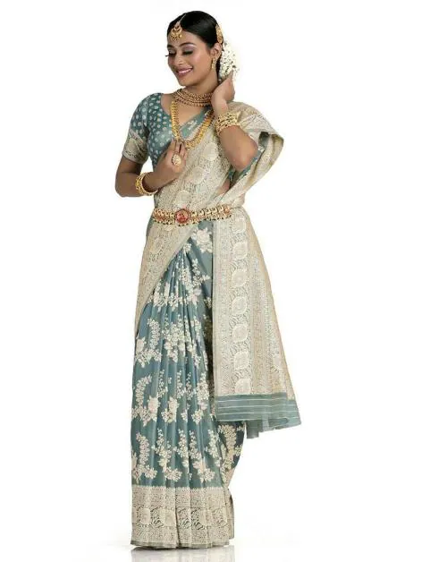HALFSAREE STUDIO Sky Blue Chikankari Malai Silk Saree