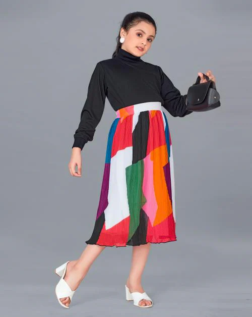 Fashion Dream Girls Black Digital Printed Georgette Top & Pleated Skirt Set | Kids Wear | Girls Top Skirt Set | Girls Clothing Set