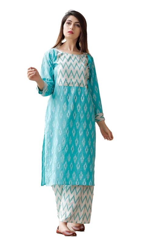 Clickedia Women's Fully Stitched Printed Cotton with Buttons Ikat Print with contrast white yoke with Highlight of wooden buttons on side work Jaipuri Kurta and Palazzo Set