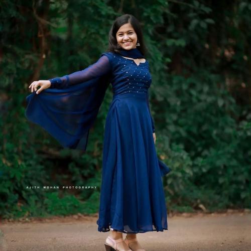 PANTH Creation Fashion Women's Georgette Solid Pattern Full Sleeve Full Stitched Gown with Dupatta | Color -Blue | Size - M