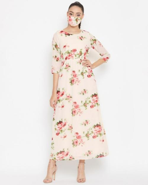 PURYS Women White Floral Print Polyester Dress