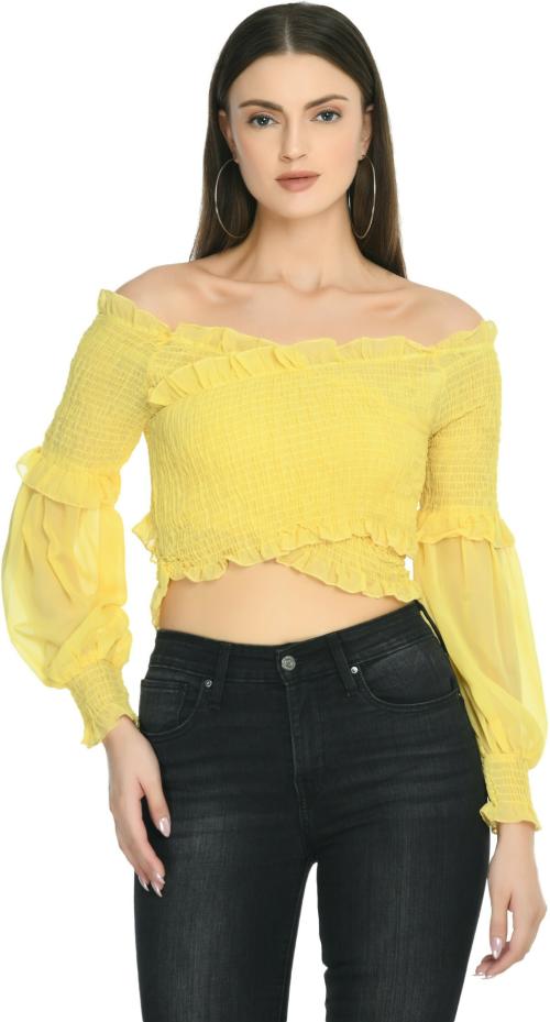 AllenQueen Casual Bishop Sleeve Solid Women Yellow Top