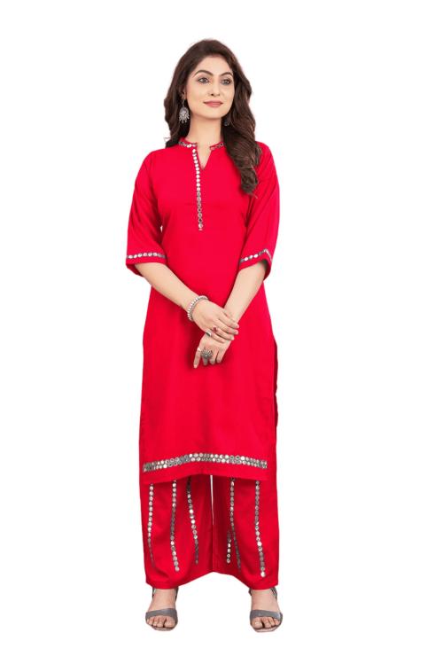 Helwin Designer Women Red Rayon Mirror Work Kurta And Palazzo Set (S)