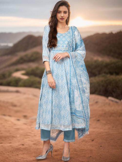 Vaamsi Women's Blue Cotton Blend Ethnic Motif Printed Flared Suit Set VKSKD1961