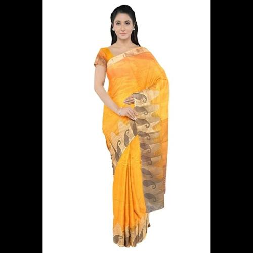 MANUMA Women's Kanjiwaram Plain Jute Silk Saree With Silver Border And Blouse Piece