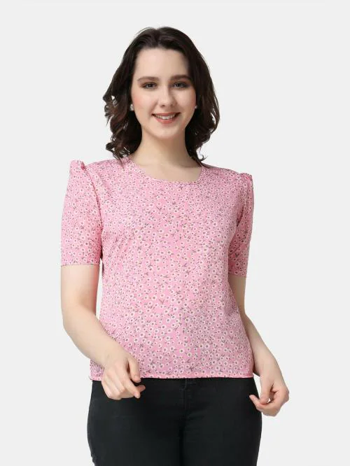 Popwings Casual Women Puff Sleeves Round Neck Light Pink Floral Printed Top | Tops for Women | Tops For Women Stylish | Tops Latest Design For Women
