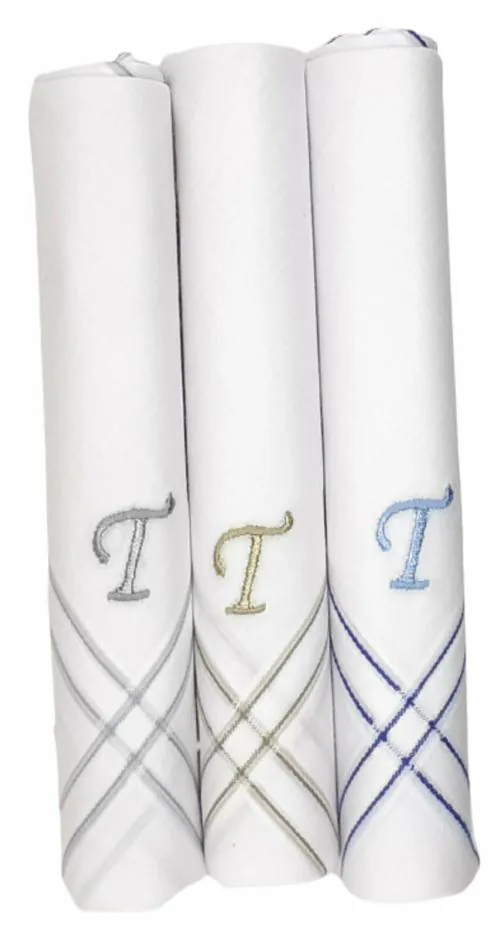 Concerto Men's Fine Cotton (White) Embroidered Initial Handkerchief (Pack of 3) (Size 48 cms * 48 cms) - T - Gifts for Husbands, Valentine, Fathers and Sons on Birthdays, Diwali and Christmas.