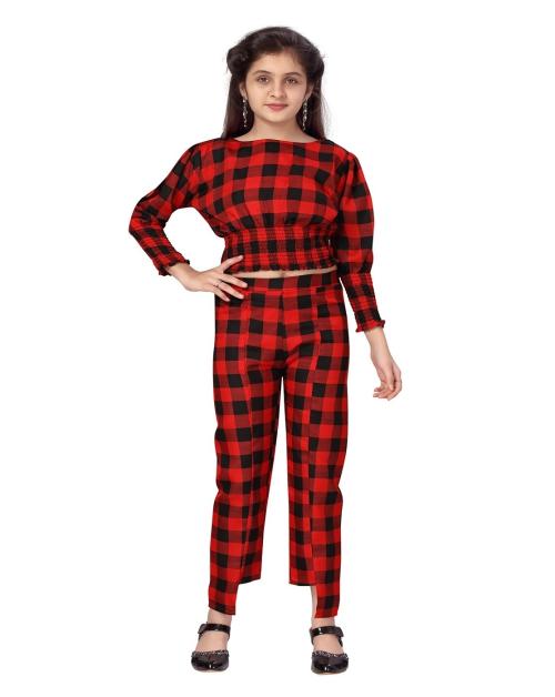 Aarika Girls Red-Black Color Check Pattern Top and Pant