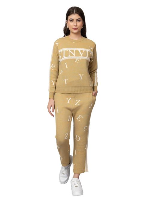 Kvetoo Woolen Crop Sweater with Lower Winter Wear Co-ord Set for Women Khaki XL