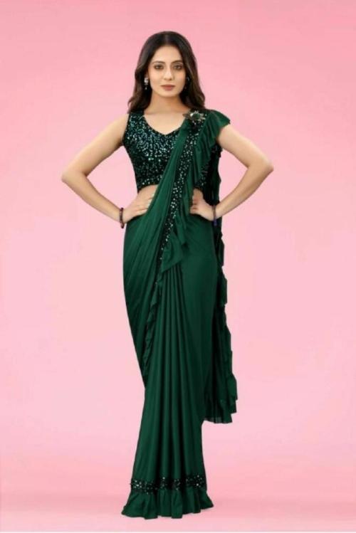 JAYKAR CREATION MOHINI GREEN MALAI SILK RUFFLE SAREE WITH VELVET BLOUSE FOR WOMEN