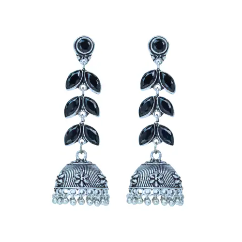 Jewelopia German Silver Drop Jhumki Oxidized Jewellery Midnight Black Gemstone Stylish Oxidised Pearl Drop Earring For Girls