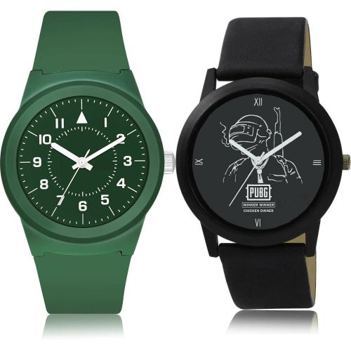 NEUTRON Modish 3D Design Kids And Pubg Military Army Green And Black Colour Analog Plastic And Genuine Leather Belt 2 Watch Combo For Boys And Men - BM120-B164