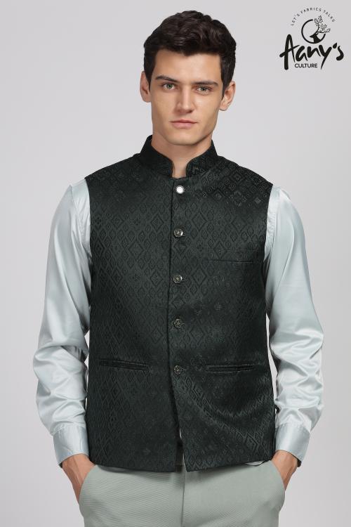 Aany's Culture Sea Green Floral Pattern Polyester Wedding Nehru Jacket (Koti) L