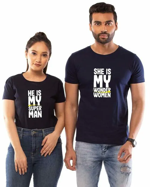 Lappen Fashion Couple's Printed T-Shirt | Combo of Half Sleeve Tshirts | Cotton Round Neck | Trendy & Stylish Look | Pre Wedding Tees | She & He Theme - Set of 1 (Blue) XL
