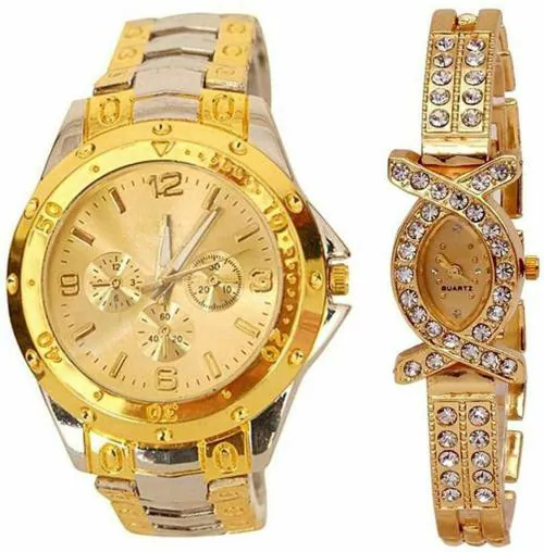 Selloria Analog Dial Gold Band Gold X Shape Watch For Couple (Pack Of 2)