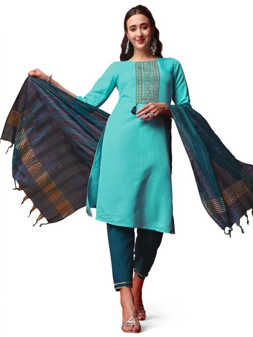 Stylerium Women Sky Rayon Slub Kurta Pant Dupatta Set (L)