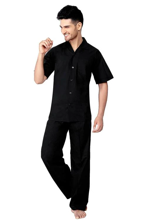 TATWAM Men Black Solid Cotton Top And Pyjama Set