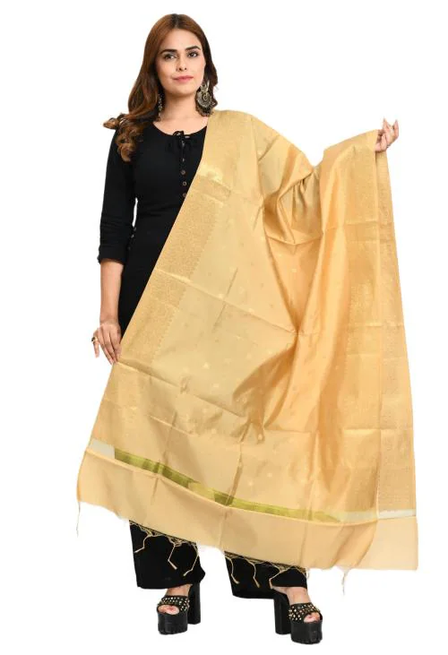 MOEZA Women's Golden Silk Woven Design Banarasi Dupatta
