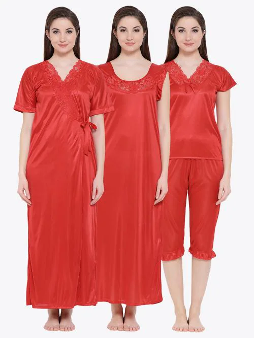 Clovia Women Red Tie & Dye Satin Pack of 4 Robe, Nightie, Top, Capri
