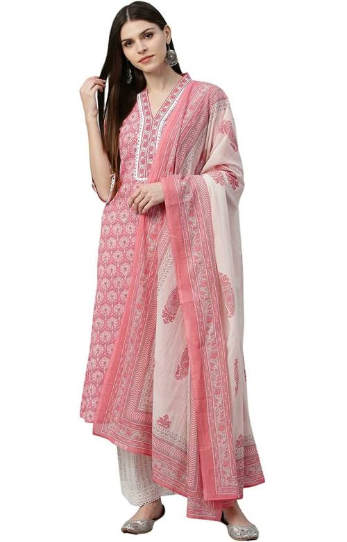 Rytras Women's Rayon Printed Straight Kurti with Palazzos and Dupatta set(Pink& White,S)