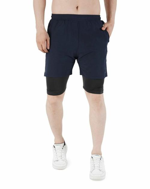 Navyfit Men Navy Blue Solid Polyester Double Layer Shorts (L)