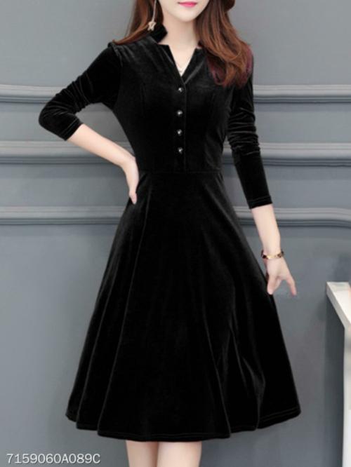 Fashion triangle Women Black Velvet A-line Dress (L)