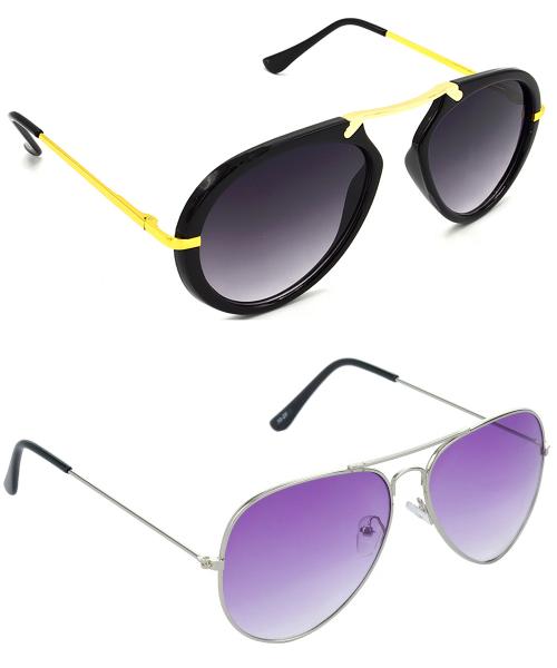 Red Leaf Men Women Boys & Girls Wrap-around & Aviator Sunglasses Golden & Silver Frame, Grey & Violet Lens (Medium) Pack of - 2