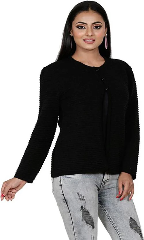 MANERA Self Design Round Neck Casual Women Woolen Sweater (Black)