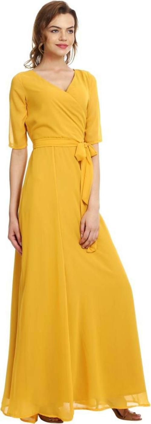 Buy scenestealer Women Yellow Solid Poly Maxi Dress XS