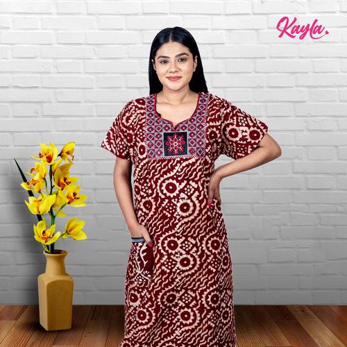 Kayla Batik Cotton Nighties Floral Printed with Pocket Sleep in Comfort and Style with Our High-Quality Nightdress [Brown, Free Size]