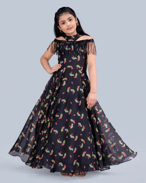 Buy Fashion Dream Girls Black Floral Printed Embellished Tabby Silk