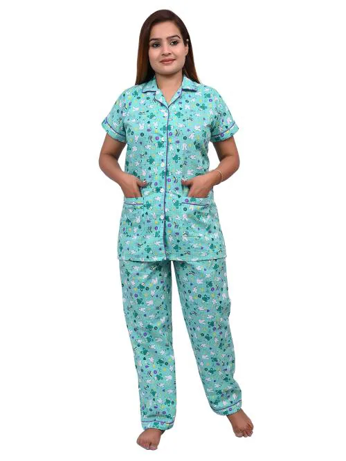 NACNO Girl's-Women's Pure Cotton Teddy Print Night Suit/Shirt & Pajama Set Nightwear Dress Night Gown Nighty Green