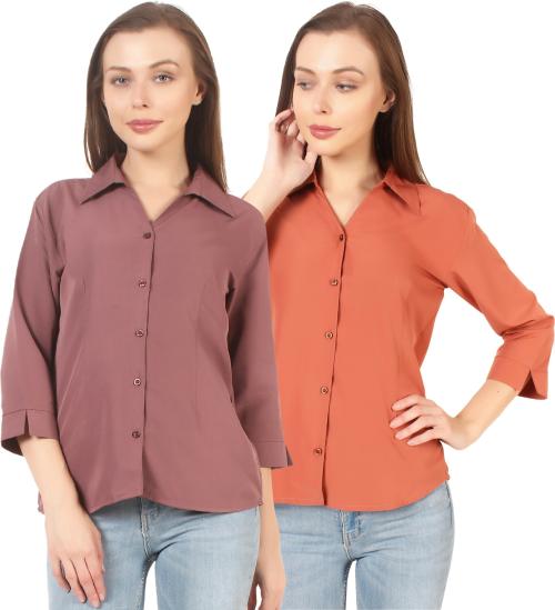 HUNOOR Womens Orange Solid Polyester Pack of 2 Formal Shirt l women shirt l casual shirt for women