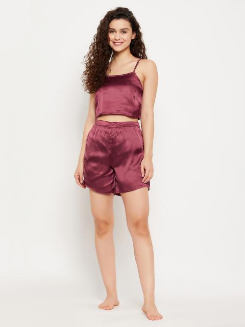 Clovia Women's Maroon Solid Satin Pack of 2 Top & Shorts Set