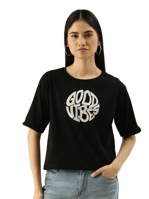 MANIAC Printed Women Round Neck Black T-Shirt