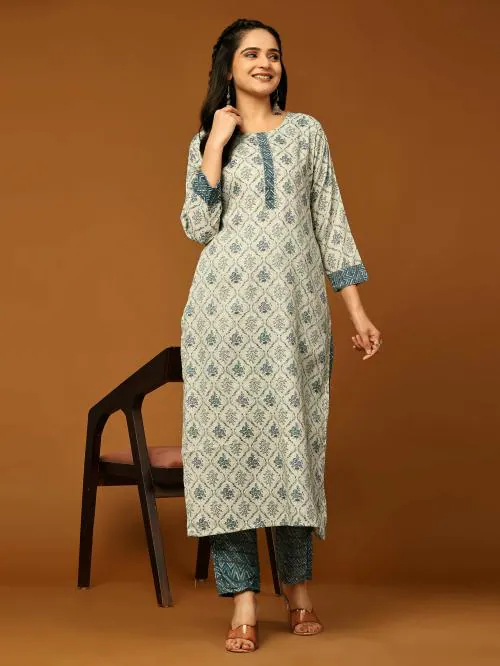 Bitafab Women Printed Cotton Rayon Single Ethnic Sets(Blue) (M)