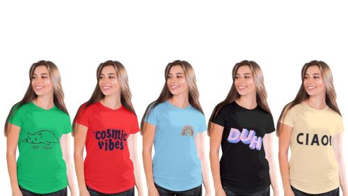 Suman Tex Women And Girls Multicolor Printed Cotton Set Of 5 Tshirt (M)